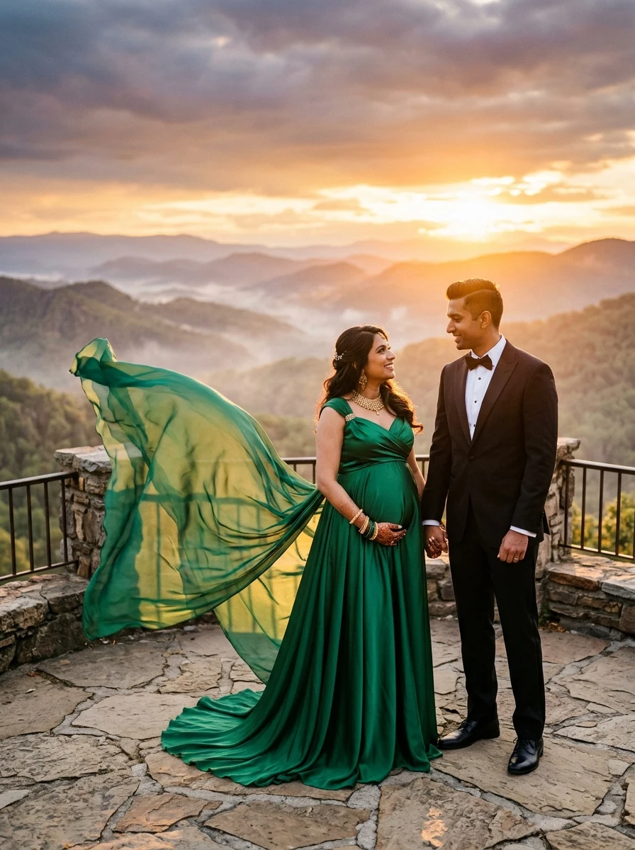 Emerald green flying gown couple maternity photoshoot prompt for Gemini AI