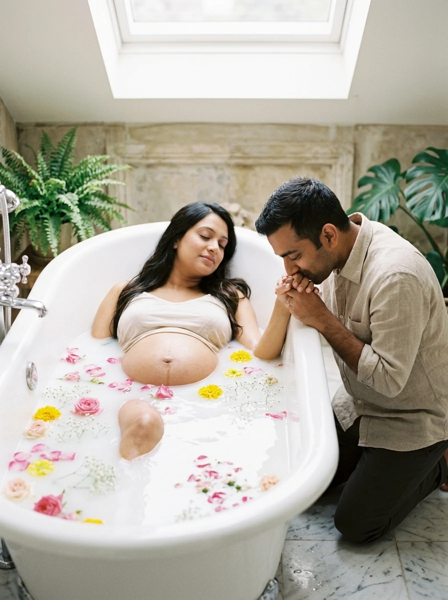 Floral milk bath clawfoot tub couple maternity photoshoot prompt for Gemini