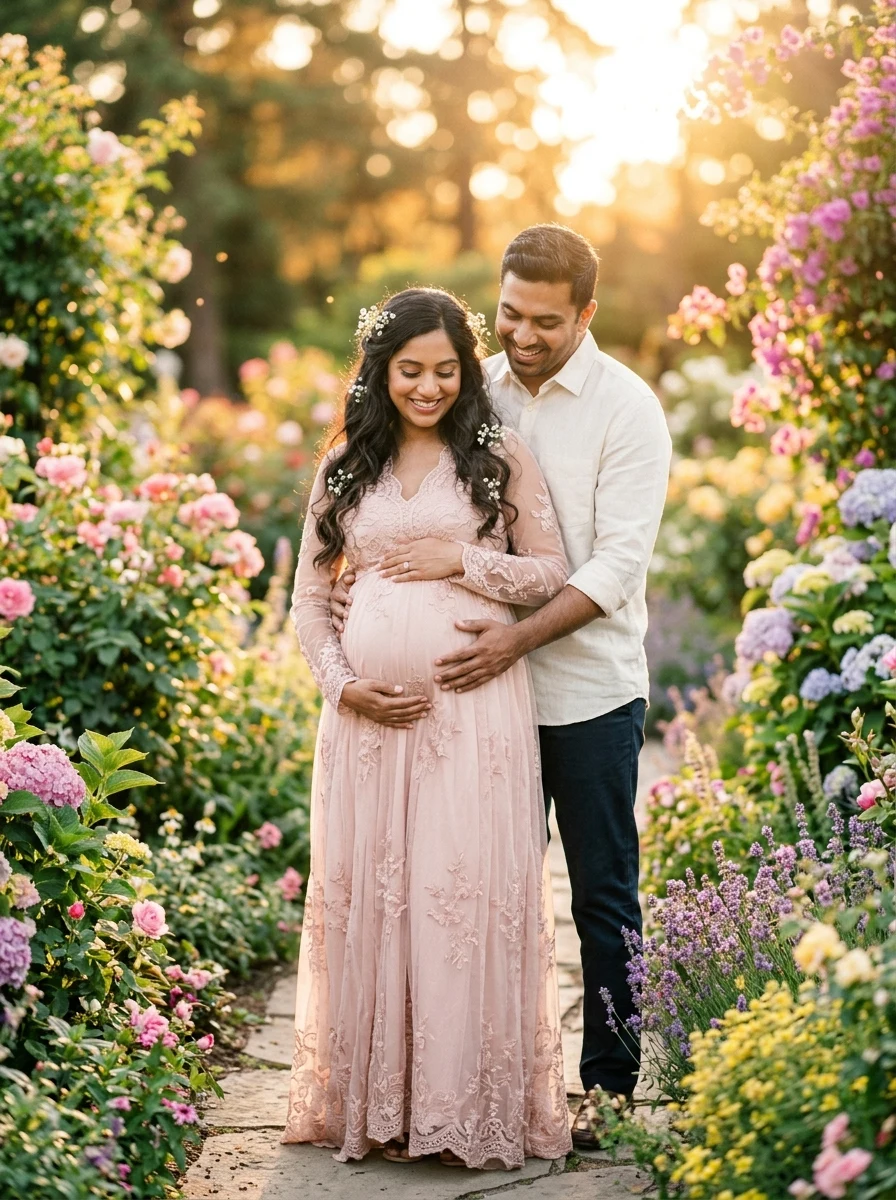 Couple maternity photoshoot prompt in golden hour sunset garden for Gemini AI