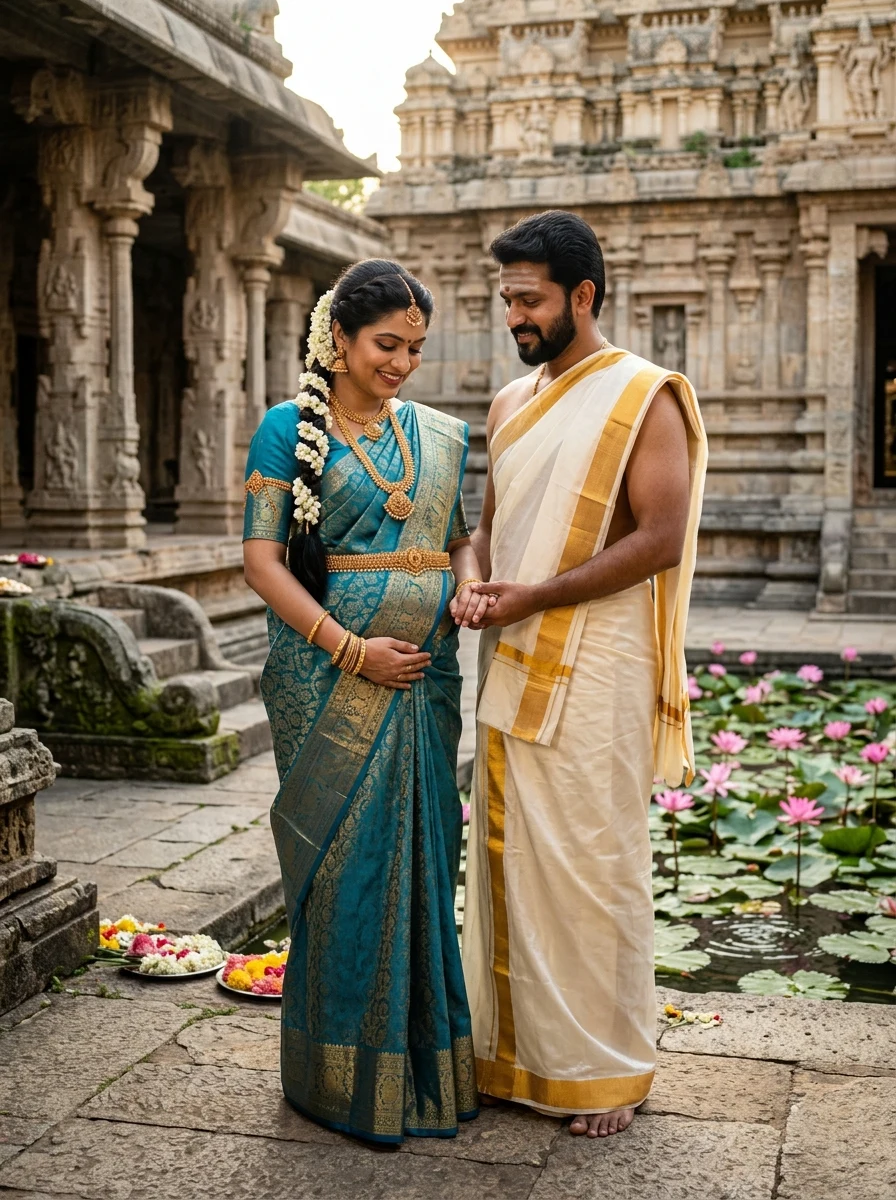 Traditional heritage temple lotus pond couple maternity photoshoot prompt