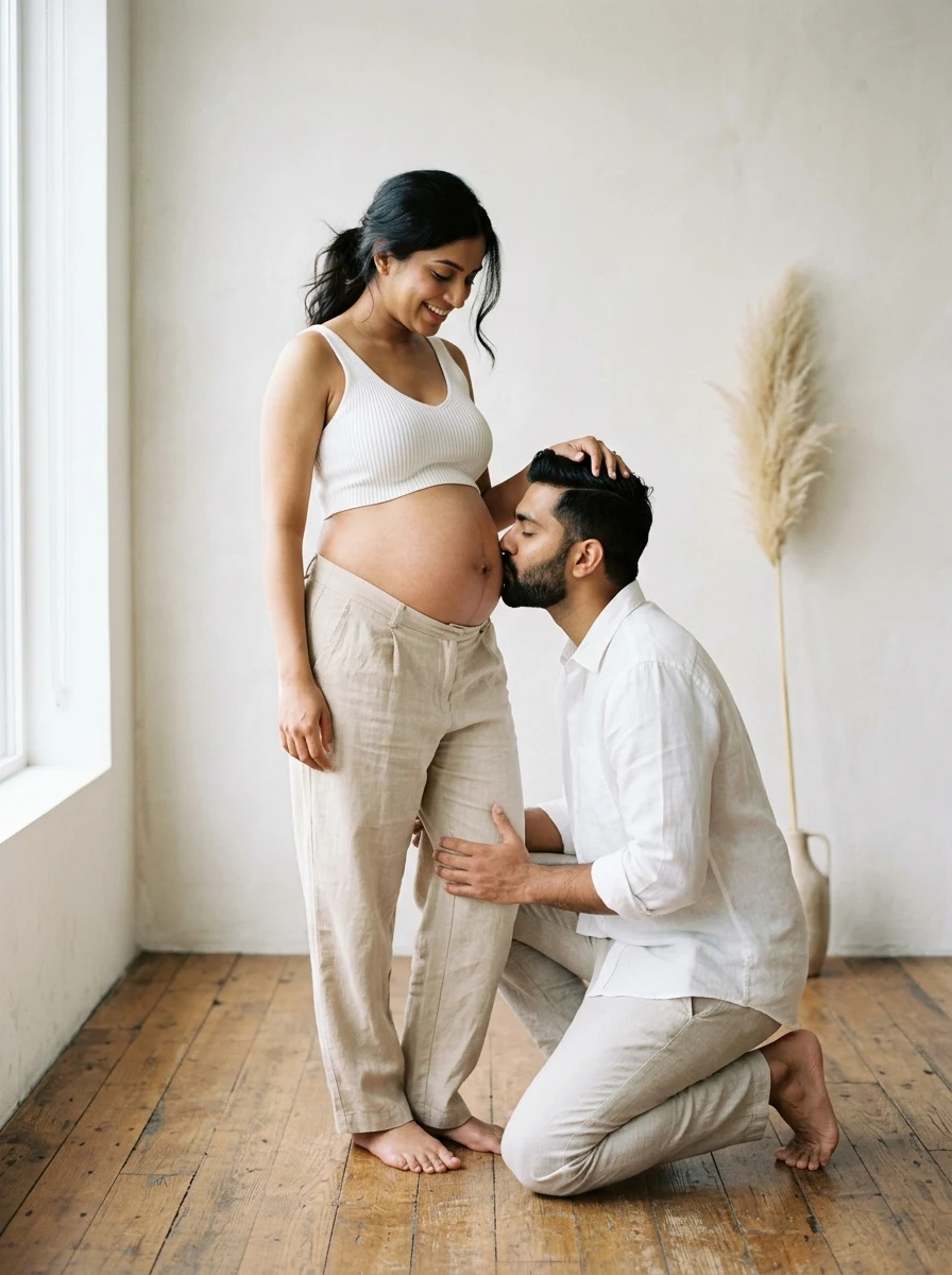 Minimalist indoor studio couple maternity photo prompt with husband kissing baby bump