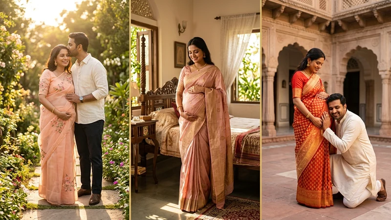 Couple Maternity Photoshoot Prompt Ideas in Indian Saree (2026): 12+ Viral Poses & Styles (Copy & Paste)