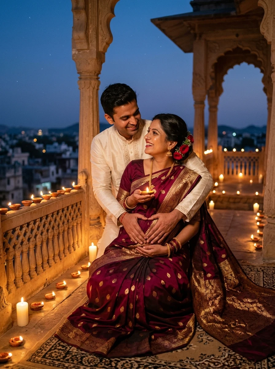 Intimate candlelight balcony portrait in wine Banarasi saree couple maternity photoshoot