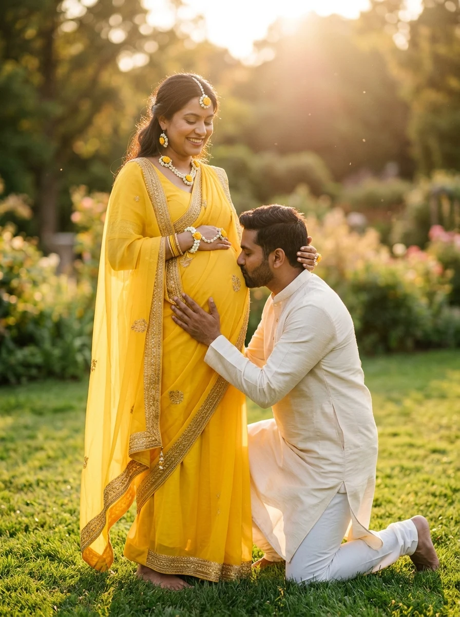 Husband kneeling and kissing baby bump in haldi yellow saree couple maternity photoshoot