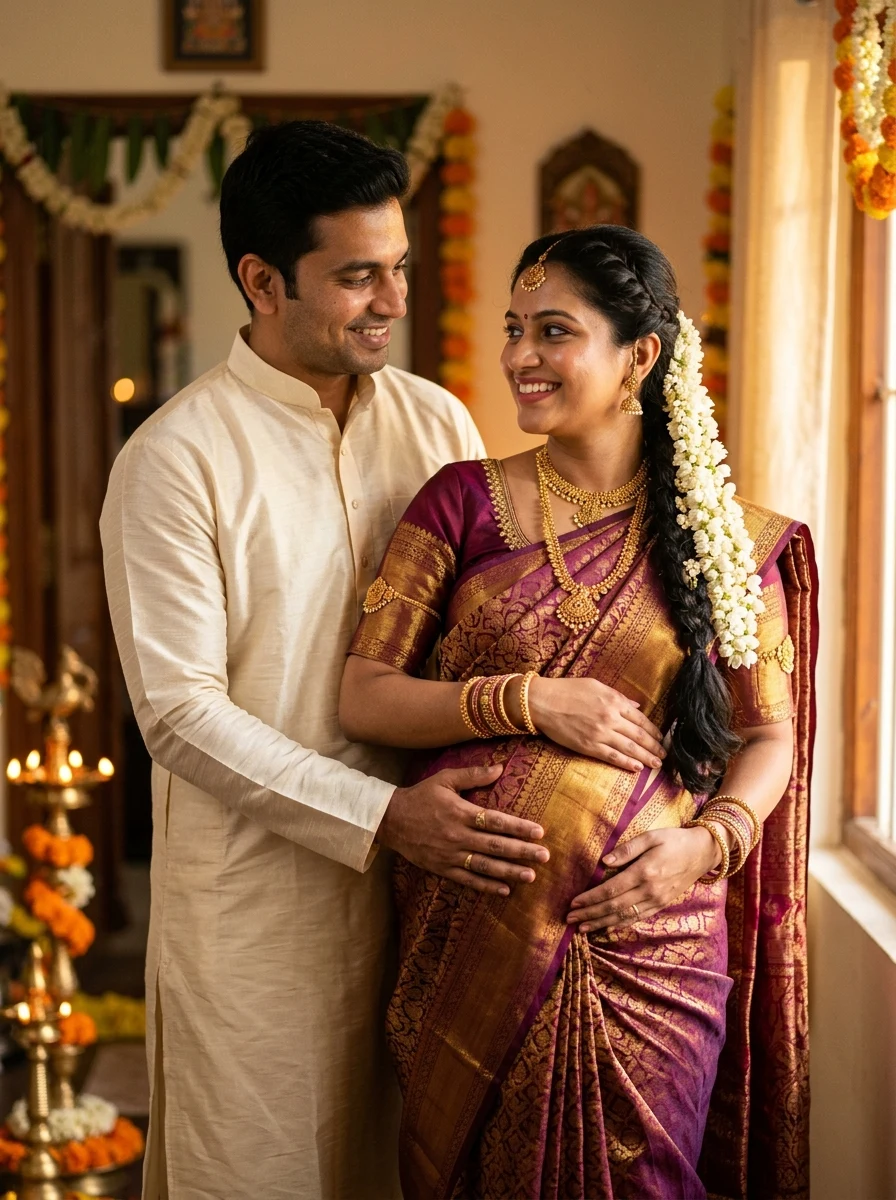 Royal Kanjivaram gold temple mandap couple maternity photoshoot prompt in Indian saree