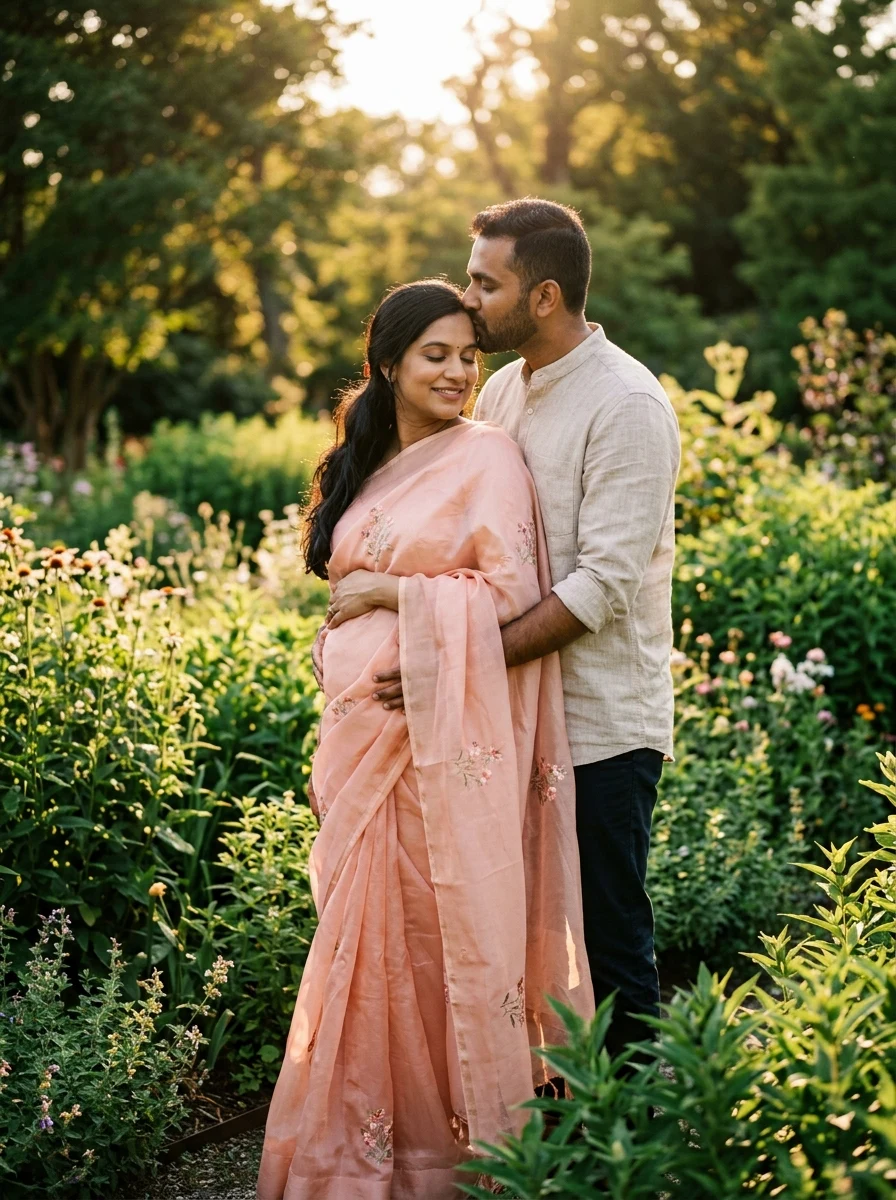 Pastel peach organza saree golden hour couple maternity photoshoot prompt ideas