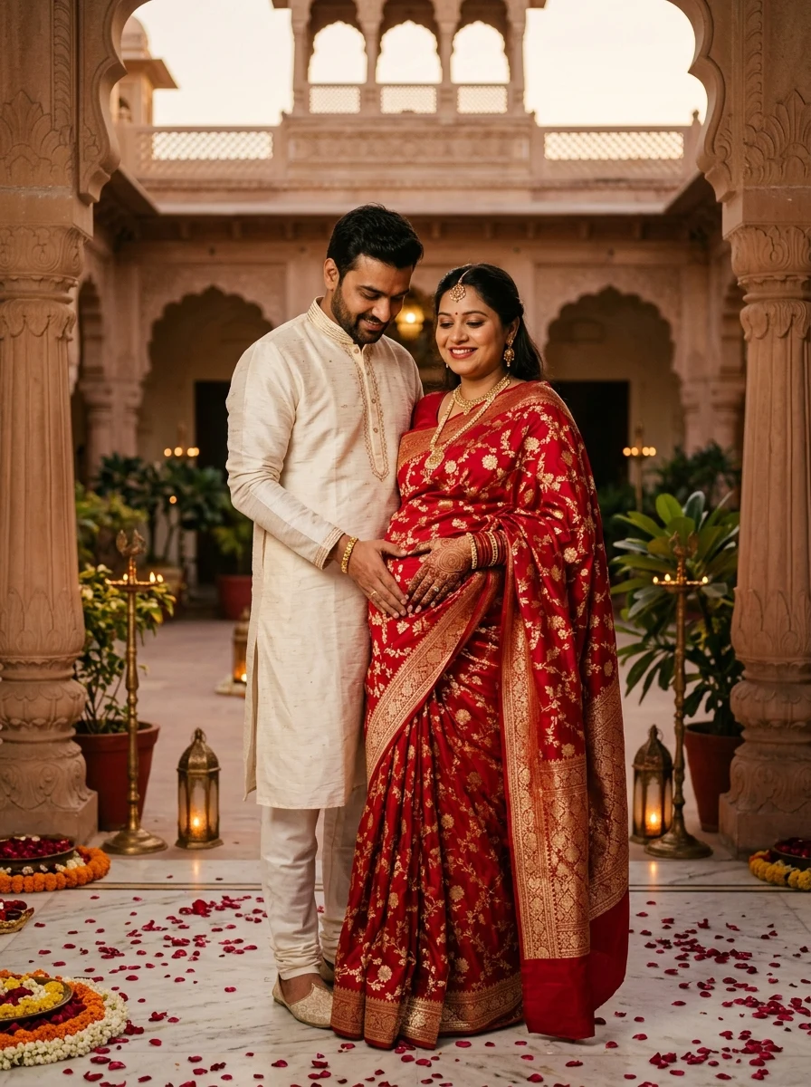 Crimson red Banarasi silk saree in heritage haveli couple maternity photoshoot ideas