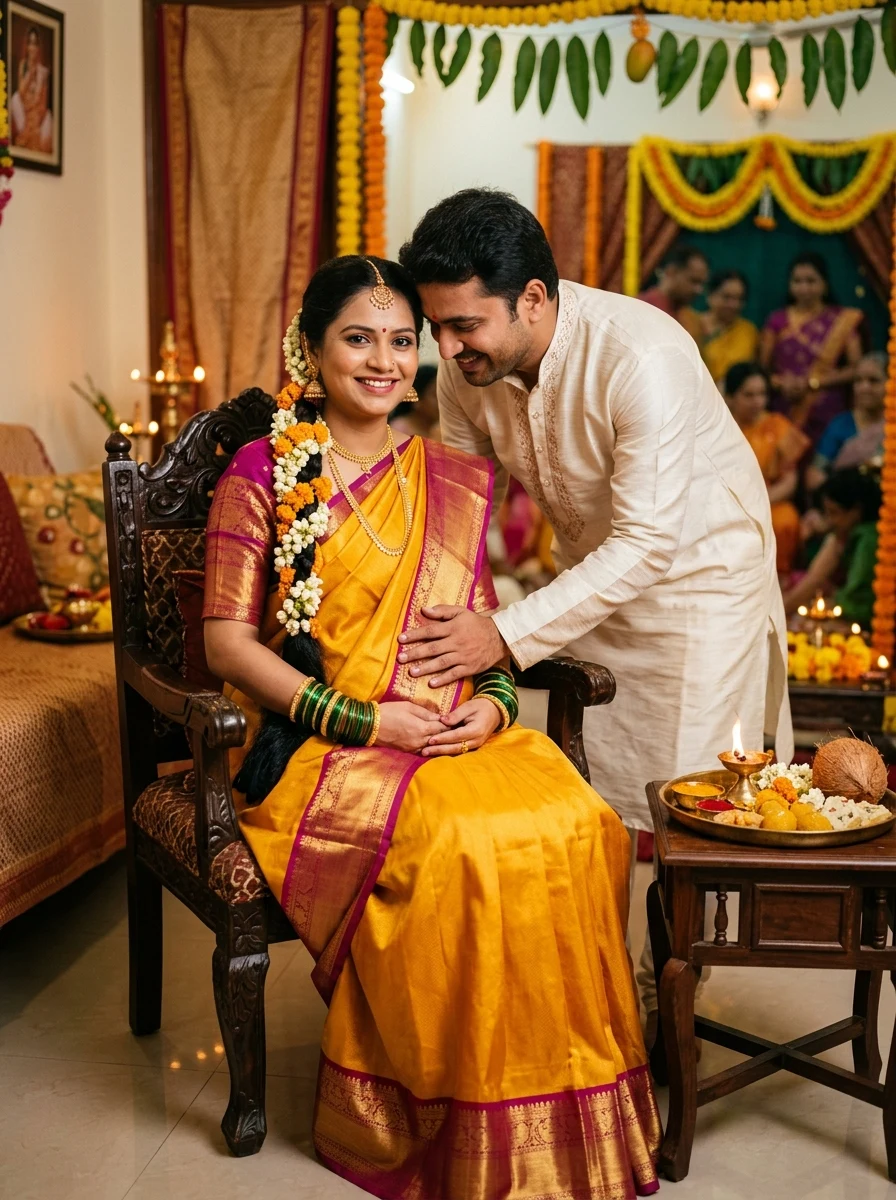 Traditional Indian Godh Bharai maternity couple photo prompt for Gemini AI