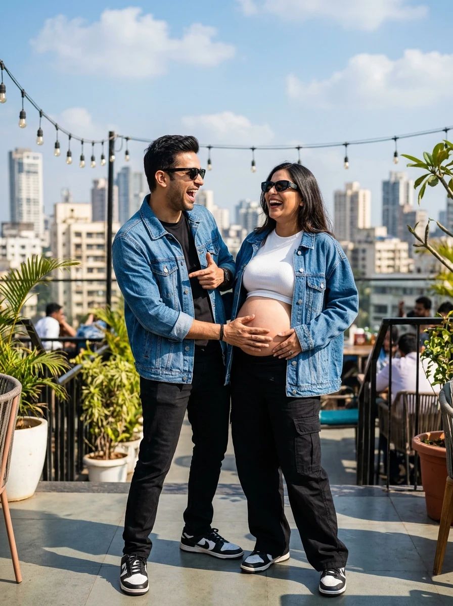 Modern sunglasses cool expecting parents denim casual rooftop maternity prompt
