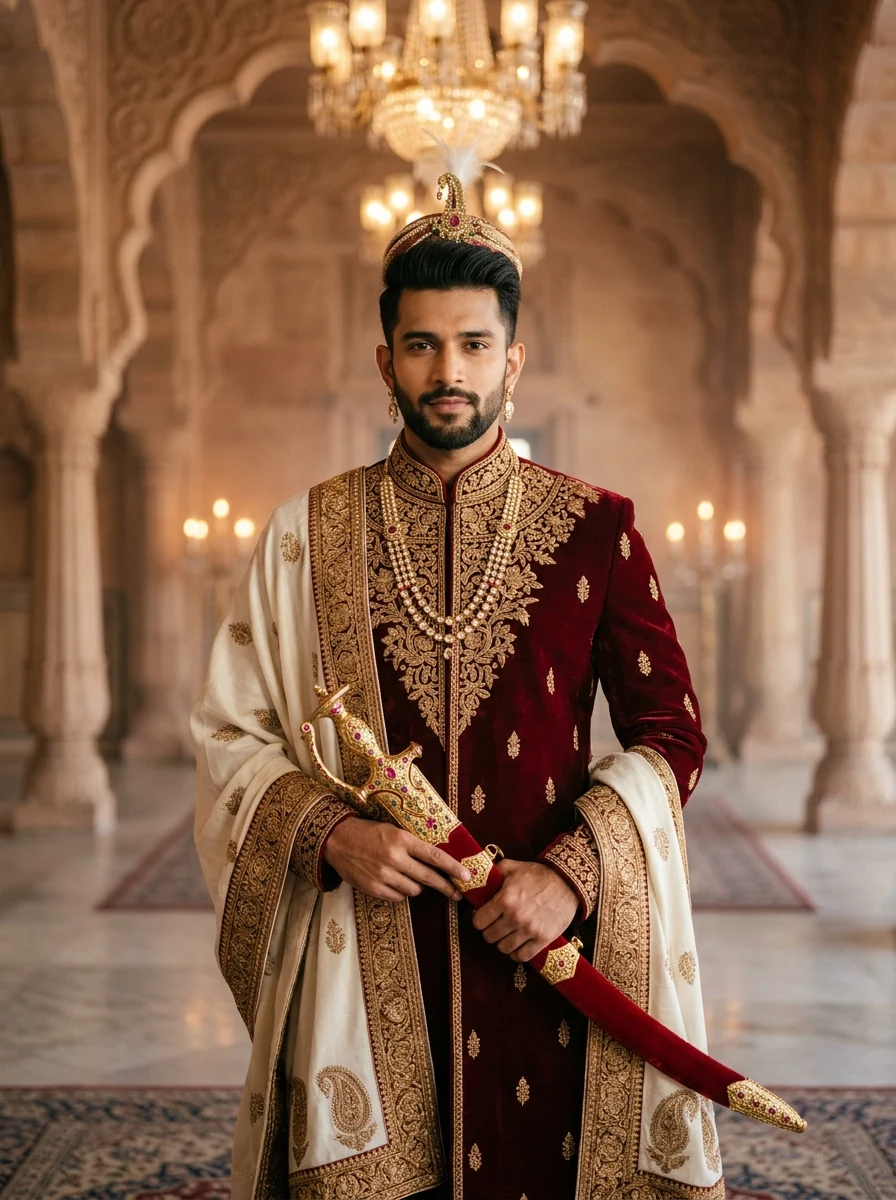Crimson Maroon Maharaja Sherwani Royal Doshala Sherwani Prompts For Gemini