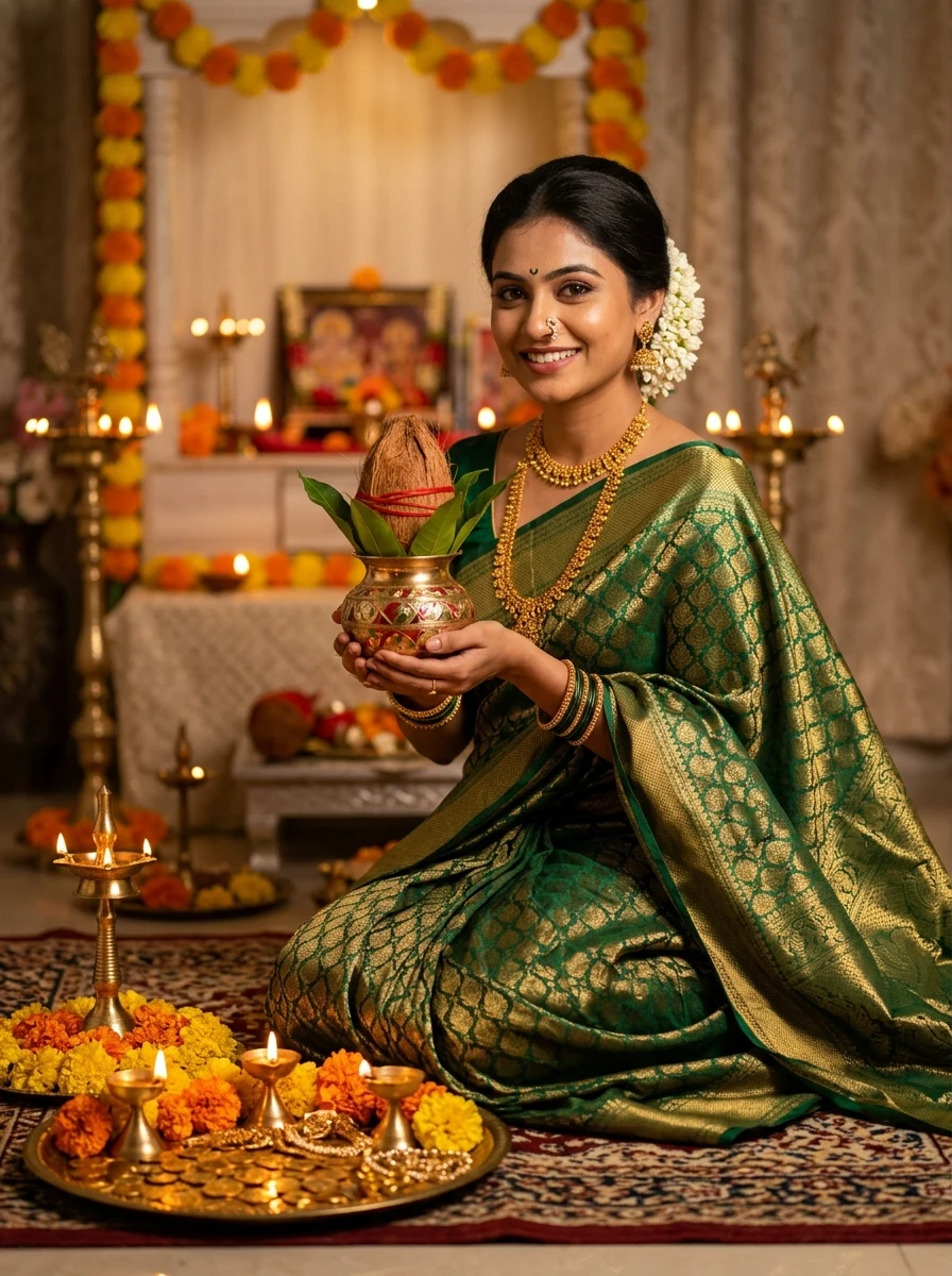 Happy Dhanteras AI prompt - Indian woman in green Kanjivaram silk saree holding brass kalash with gold coins