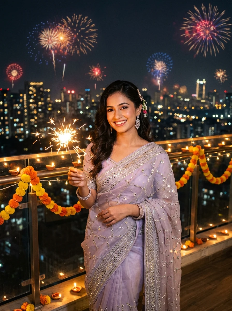Dhanteras girl with sparkler on balcony - Indian woman in lavender organza saree overlooking festive skyline