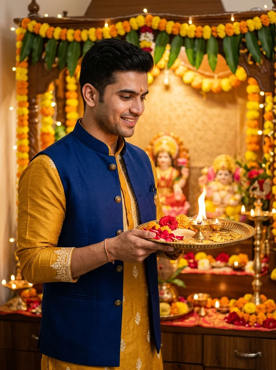 Dhanteras photo editing prompt for boy - Indian man in raw silk kurta holding brass aarti thali