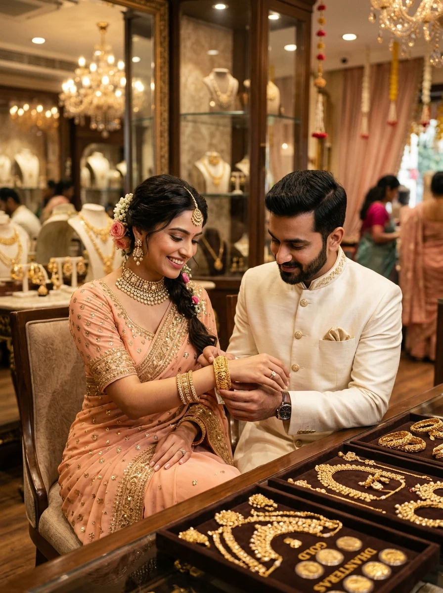 Dhanteras couple prompt - Indian couple shopping for gold jewelry in showroom