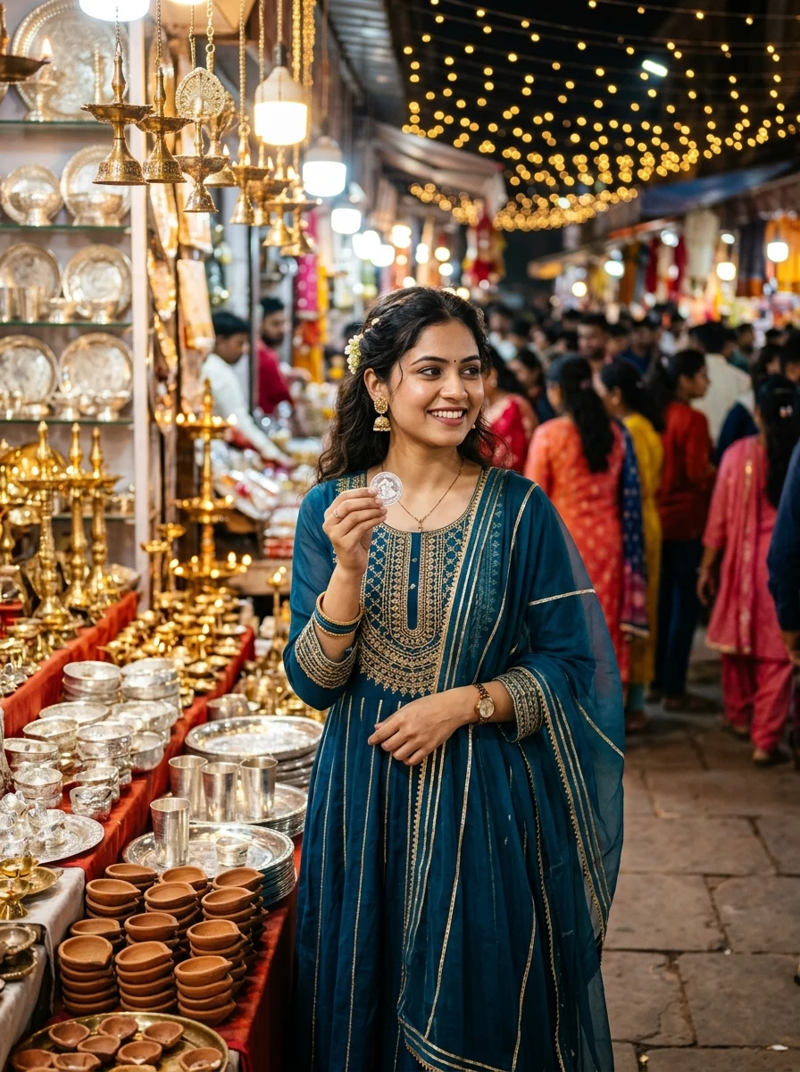 Dhanteras night bazaar shopping AI prompt - Indian girl in teal blue anarkali inspecting silver coin