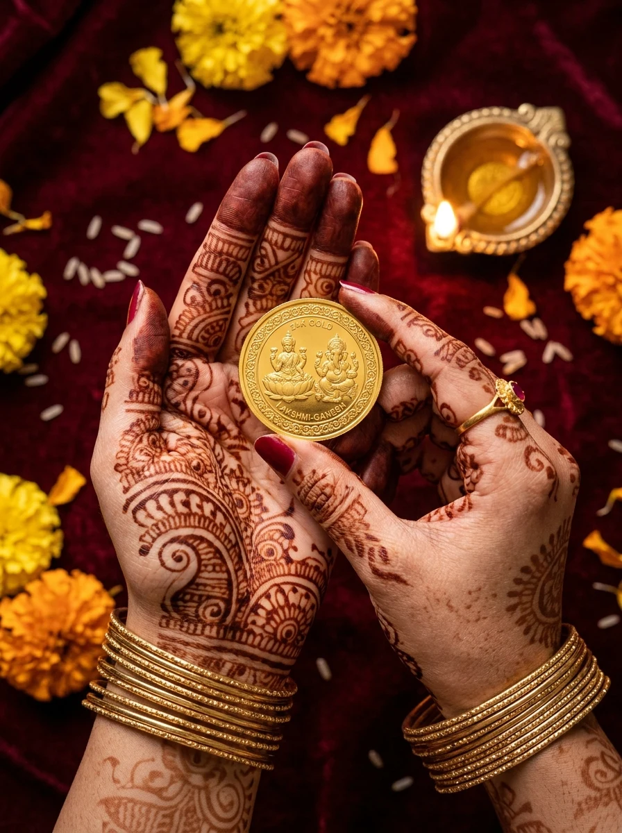 Dhanteras macro prompt - Mehndi hands presenting 24k Lakshmi Ganesh embossed gold coin