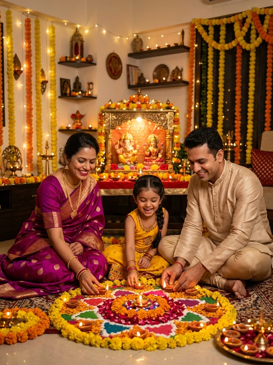 Dhanteras family prompt - Indian parents and daughter celebrating Dhanteras puja with flower rangoli