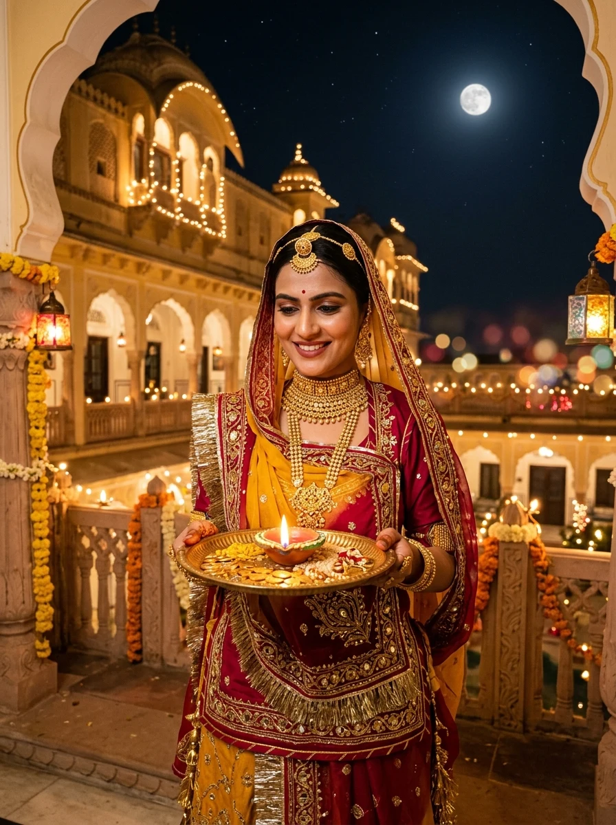 Dhanteras Rajputi poshak prompt - Rajasthani woman with gold thali on heritage palace terrace