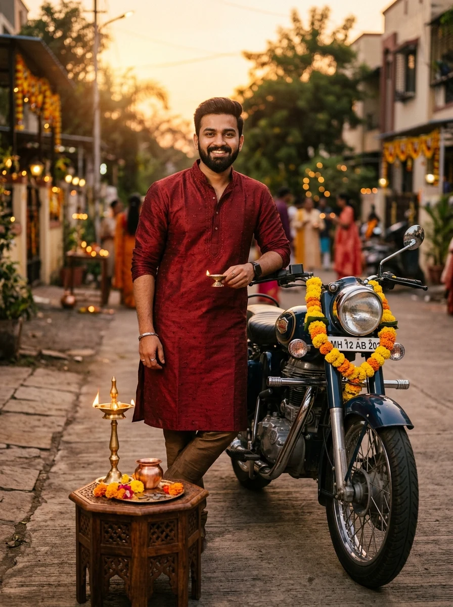 Dhanteras vehicle puja AI prompt for boy - Indian biker with retro motorcycle and marigold garland