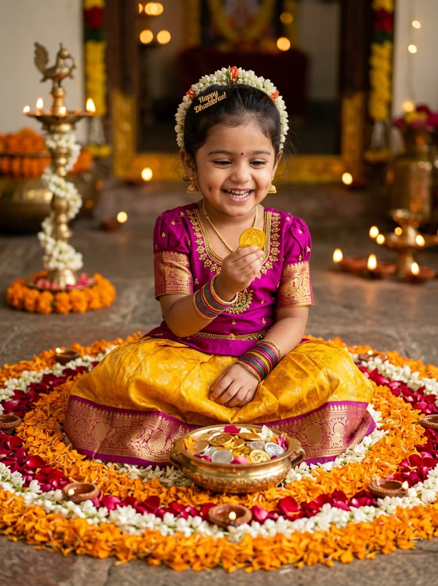 Dhanteras baby girl prompt - Indian toddler in pattu pavadai with gold coins bowl