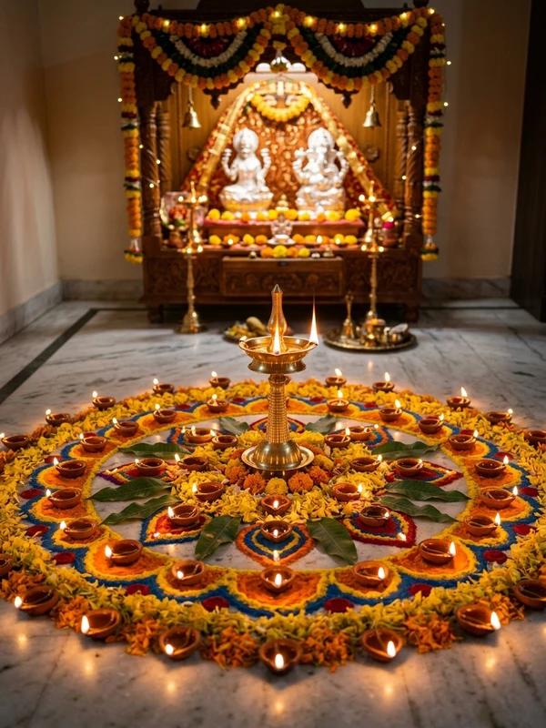 Beautiful Diya Decoration Ideas Sacred Mandir Floor Rangoli Mandala with Akhand Jyot Diya