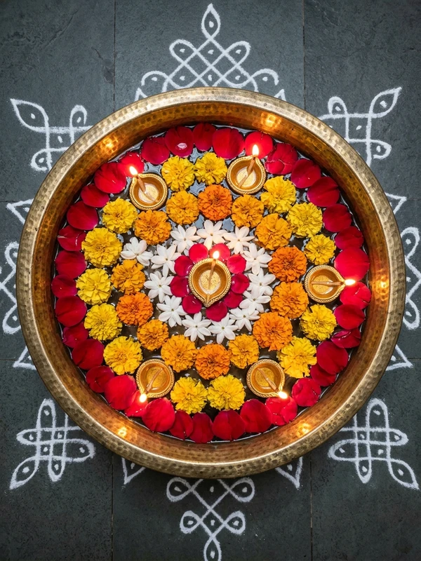 Diya Decoration Ideas at Home Easy Floating Floral Brass Urli Bowl with Rose Petals
