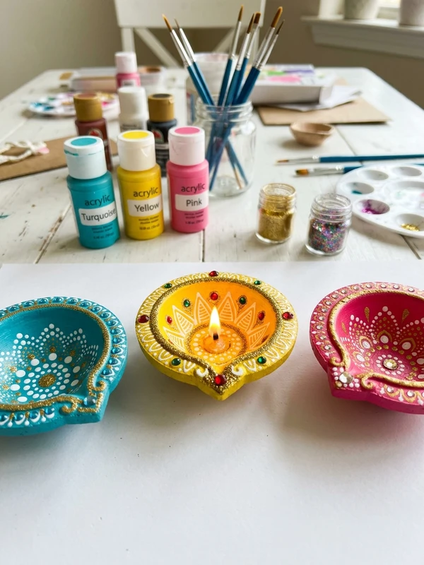 Simple Diya Decoration Ideas for School Competition Hand-Painted Acrylic Craft Diyas
