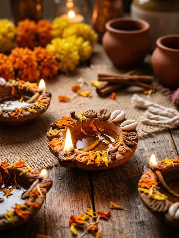 Unique Diya Decoration Ideas Eco-Friendly Handmade Dough and Shell Diya Setup