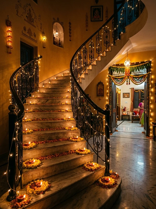 Easy Diwali Diya Decoration Ideas at Home Easy Staircase Pathway with Diyas and Marigolds