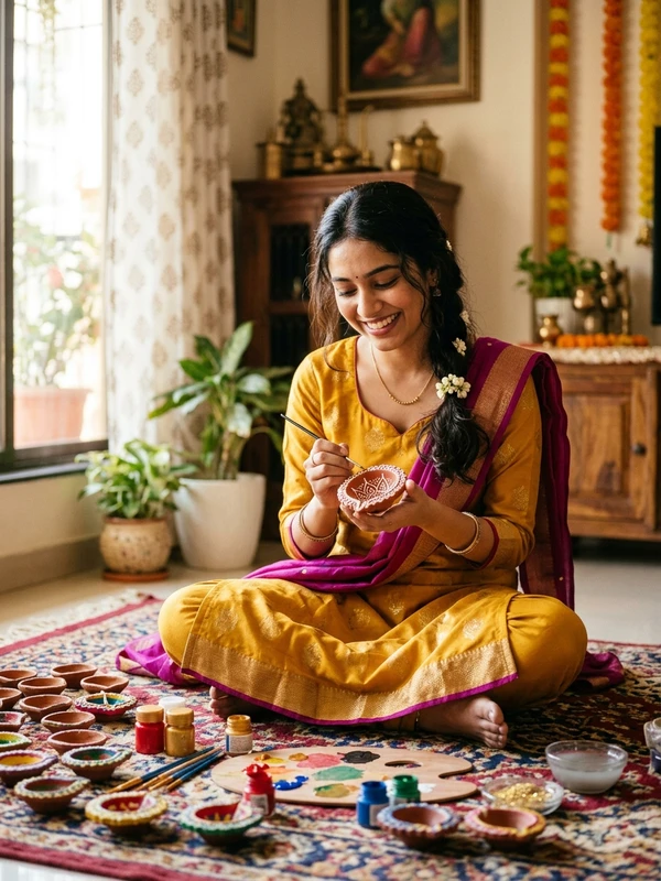 Diwali Diya Decoration Ideas at Home Girl Painting Diyas in Festive Attire
