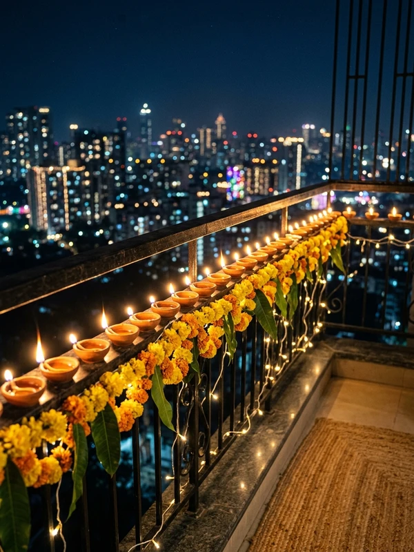 Diya Decoration Ideas at Home Easy Balcony Railing with Marigold and Fairy Lights