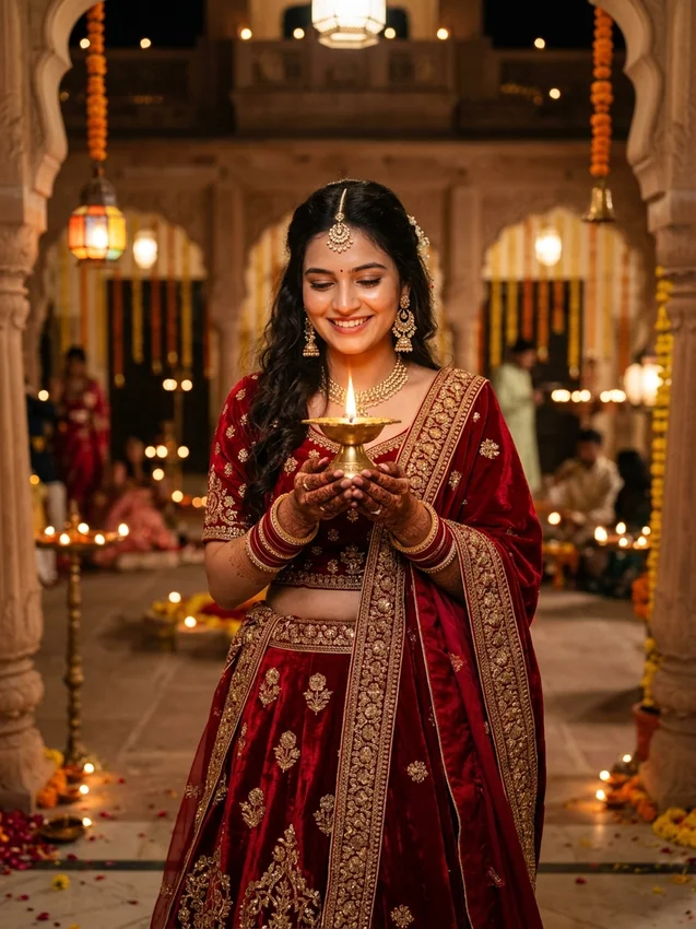 Diwali Prompt for Girl in Lehenga Royal Crimson Velvet Zardozi Lehenga Holding Brass Diya