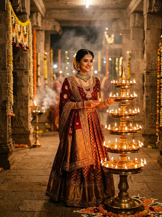 Diwali Prompt for Girl in Lehenga Regal Maroon Brocade Lehenga beside Brass Samai Lamp Stand