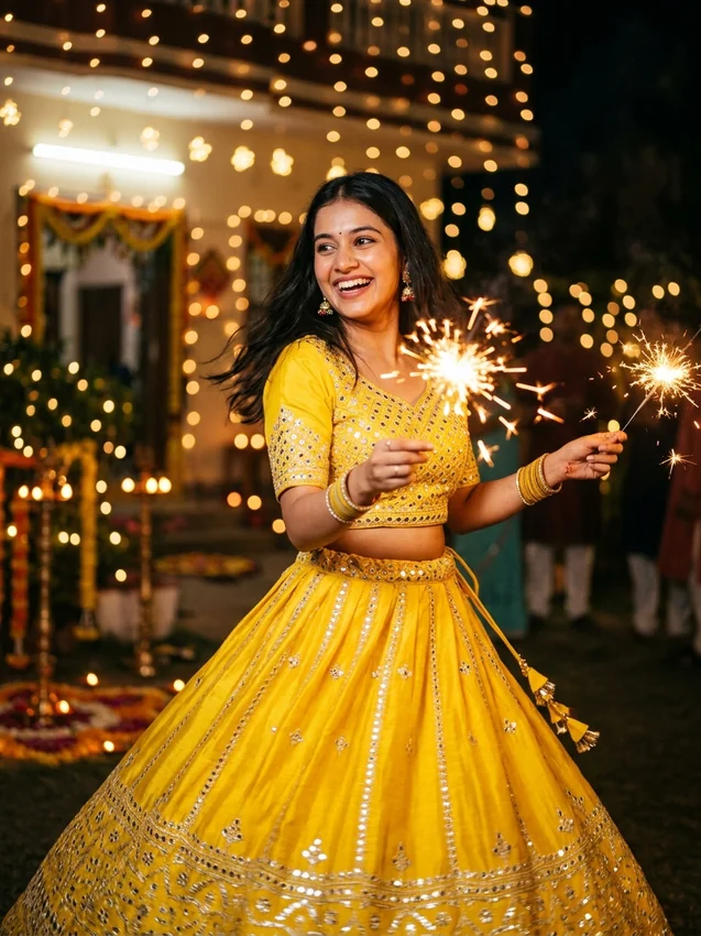 Diwali Prompt for Girl in Lehenga Sunshine Yellow Silk Lehenga with Phuljhadi Sparklers