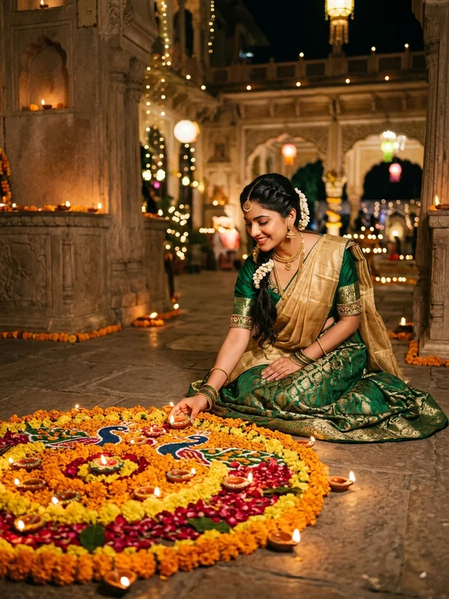 Diwali Prompt for Girl in Lehenga Emerald Green Banarasi Silk Kneeling beside Floral Rangoli