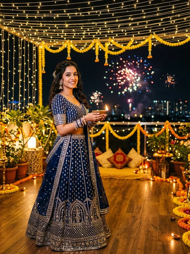 Diwali Prompt for Girl in Lehenga Midnight Blue Mirror Work Lehenga on Rooftop with Fireworks