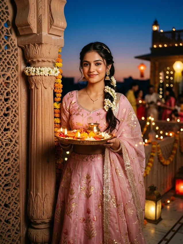 Diwali Prompt for Girl in Lehenga Pastel Rani Pink Organza Lehenga with Puja Thali