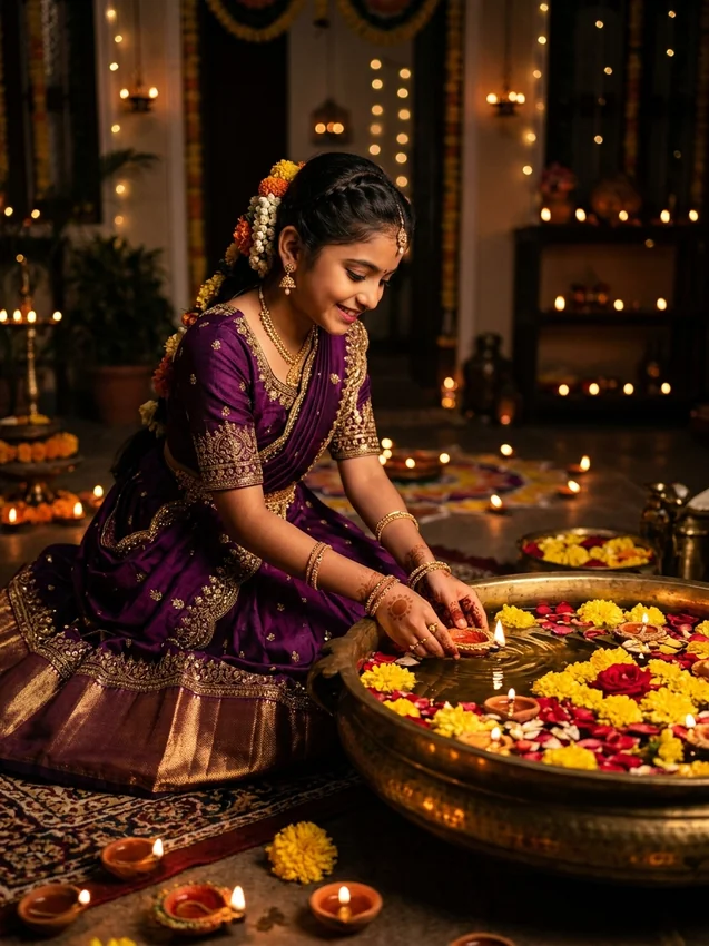 Diwali Prompt for Girl in Lehenga Deep Plum Silk Lehenga with Brass Urli and Floating Diyas