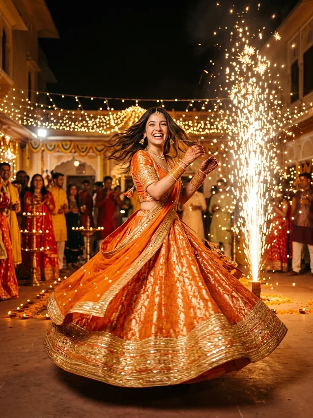 Diwali Prompt for Girl in Lehenga Tangerine Orange Brocade Twirl with Anar Firework