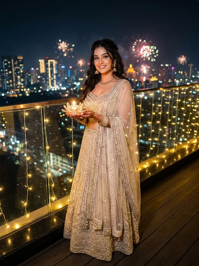 Diwali Prompt for Girl in Lehenga Champagne Gold Sequin Lehenga on Glass Balcony
