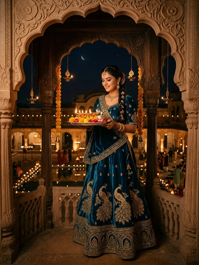 Diwali Prompt for Girl in Lehenga Peacock Teal Velvet Lehenga in Palace Jharokha