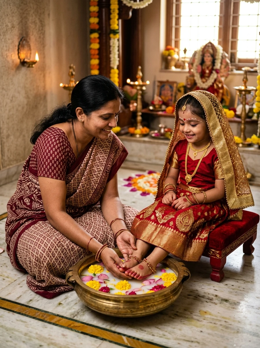 Durga ashtami kanya pujan photoshoot prompt: Mother washing little girl feet in brass urli with marigold petals