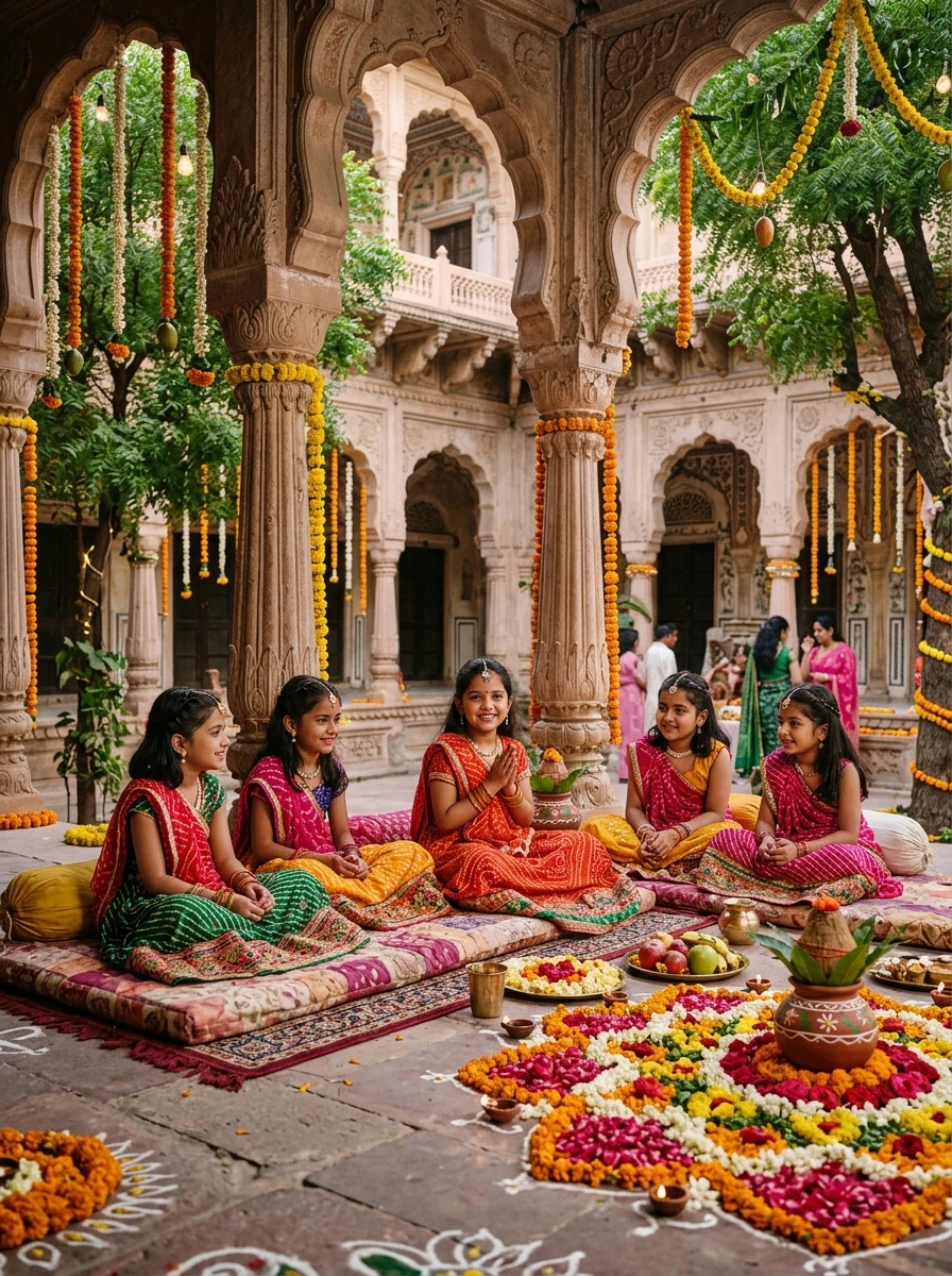 Navratri kanjak prompt for chatgpt: Seven young girls seated in Rajasthani haveli courtyard with rangoli