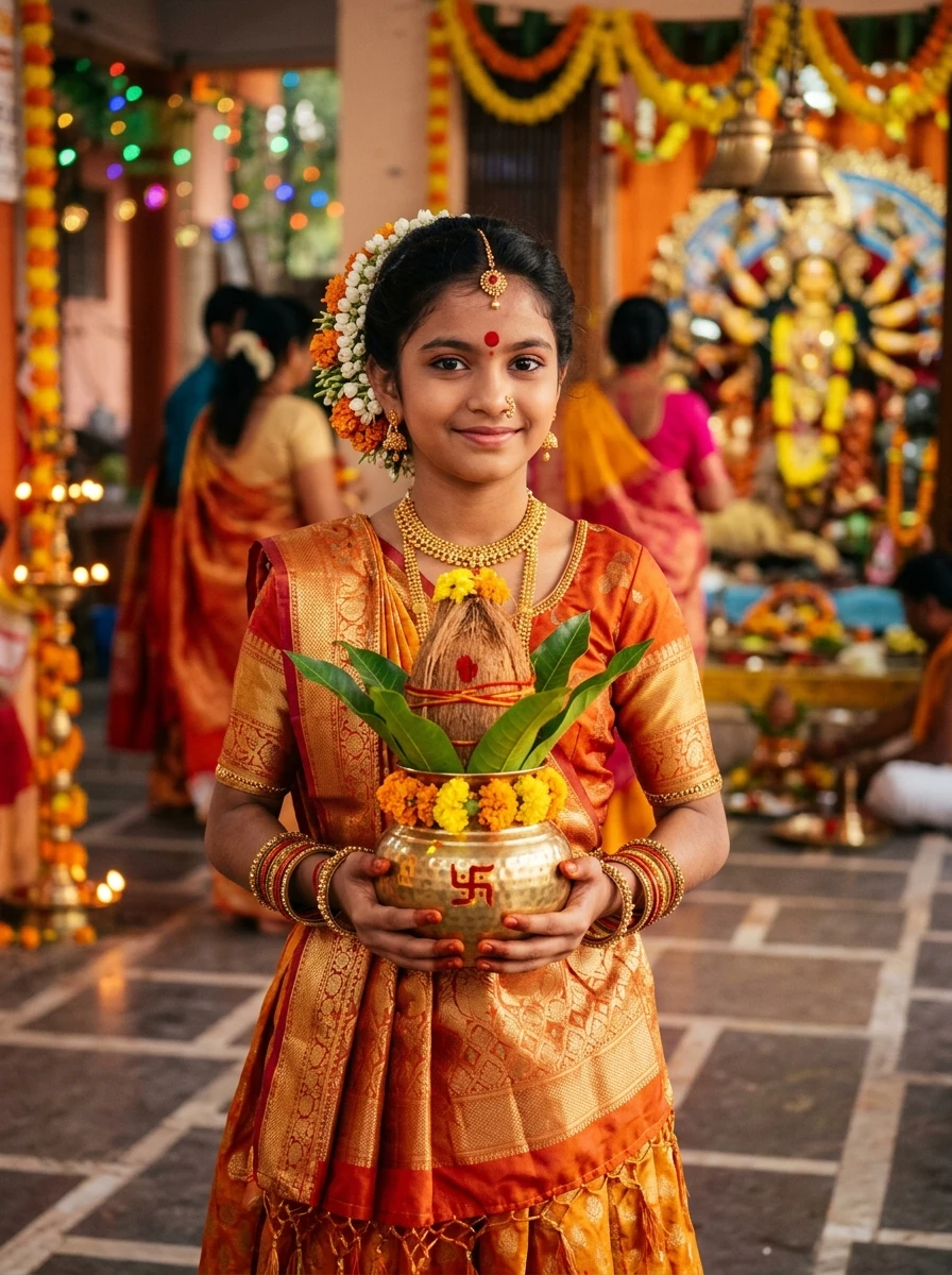 Durga ashtami kanya pujan photoshoot prompt: Cute 6-year-old girl holding sacred brass kalash with coconut