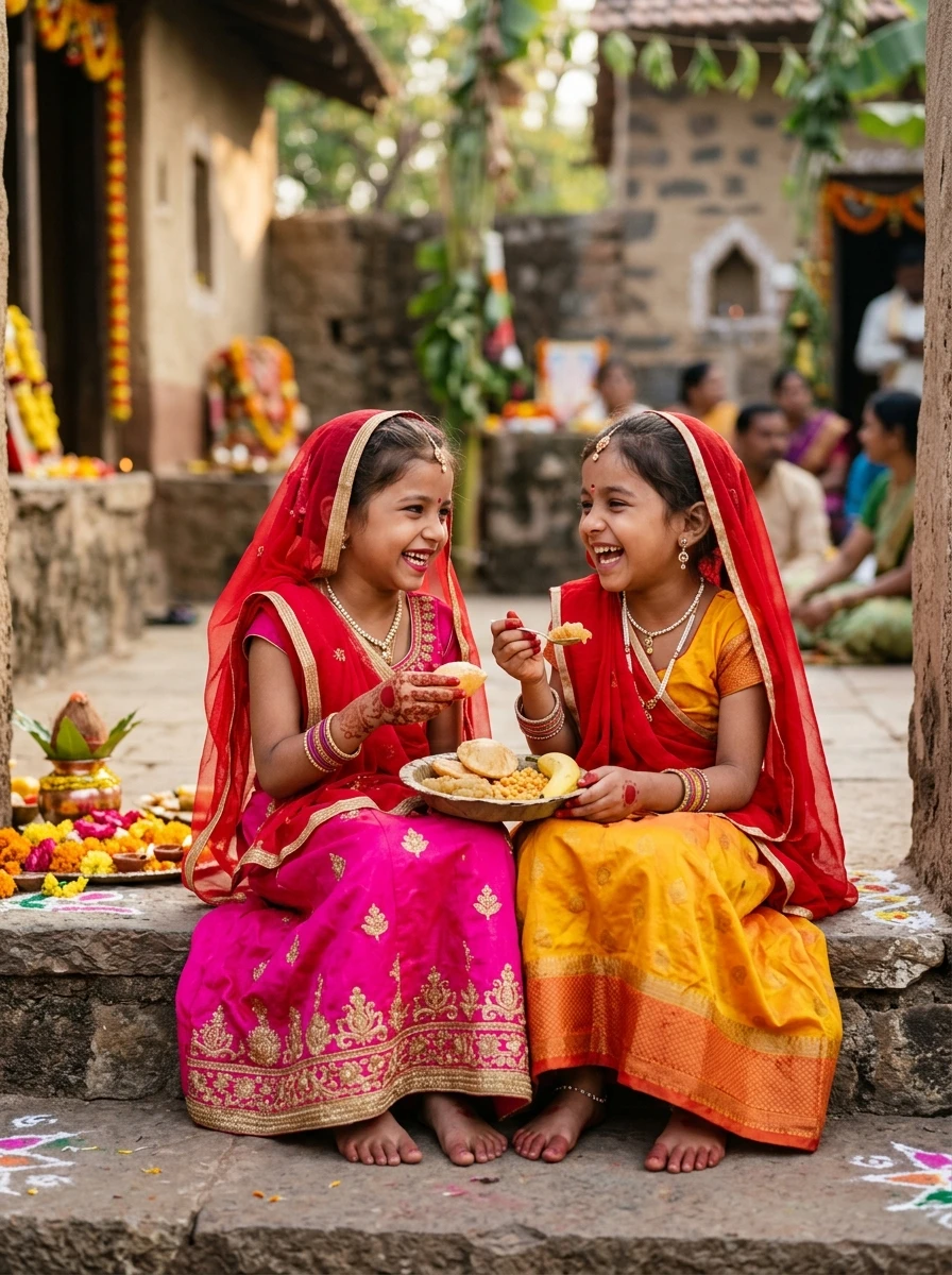 Kanya pujan prompt for gemini: Two little girls sharing sweet boondi and halwa on verandah step