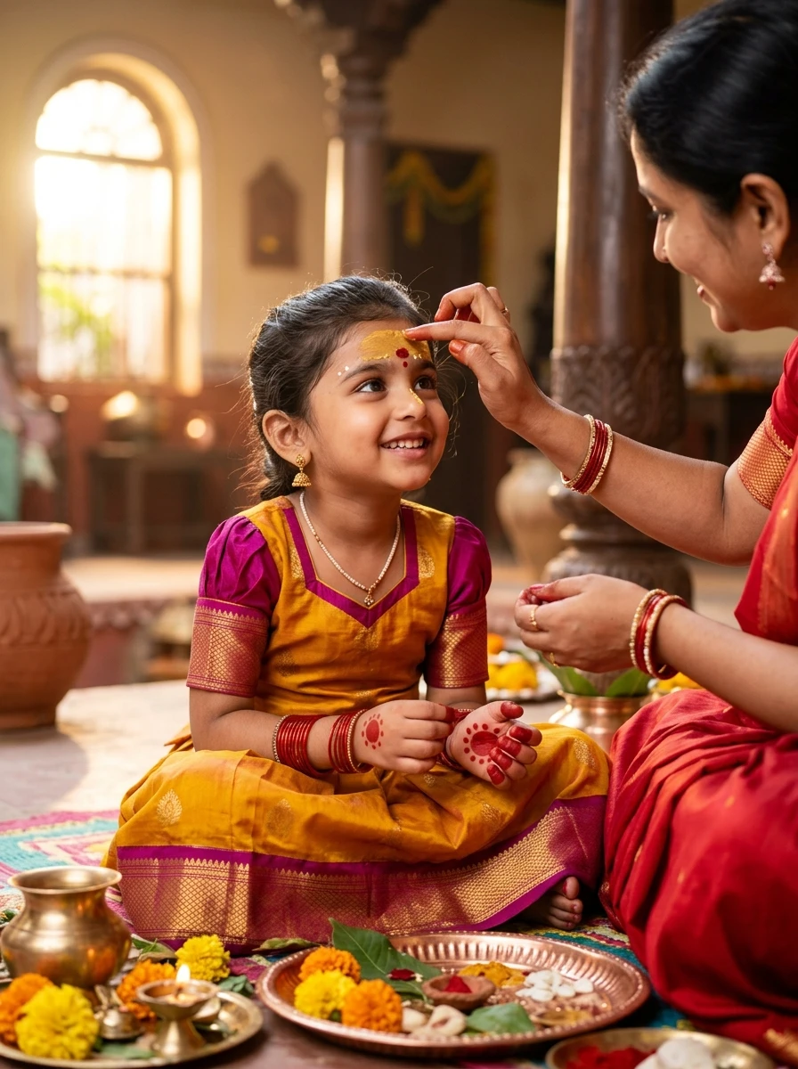 Kanya pujan prompt for gemini: Close-up of applying red alta dye and white sandalwood tilak on forehead