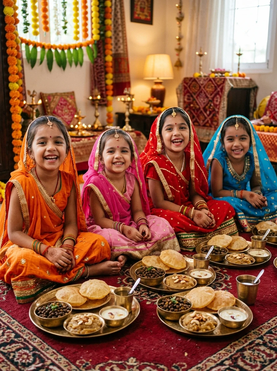 Kanya pujan ai photo editing prompt: Row of little kanjaks eating hot puris and halwa on brass thalis