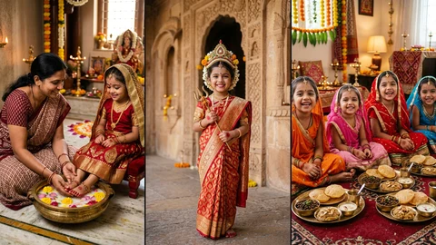 Durga Ashtami Kanya Pujan Photoshoot Prompt (2026): 12+ Divine Kanjak Puja Photoshoot Ideas