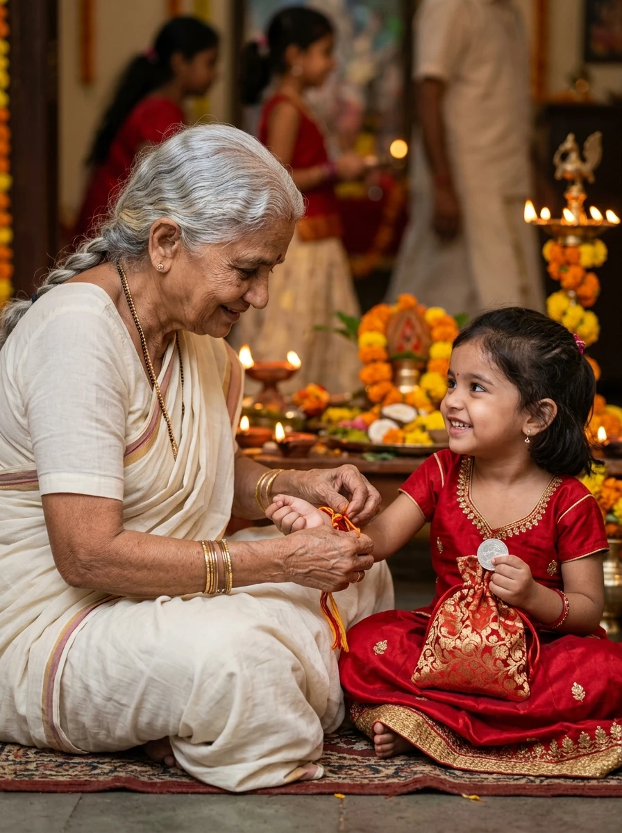 Kanjak puja ai prompt copy paste: Grandmother tying red and yellow mauli kalava thread on little girl wrist