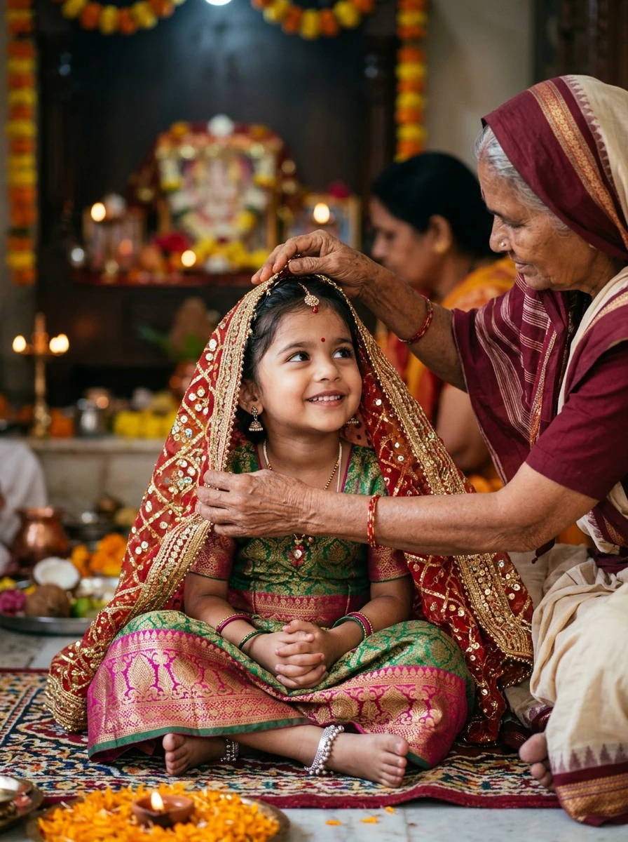 Durga ashtami ai prompt copy paste: Draping red and gold gota kinari chunari on little girl head